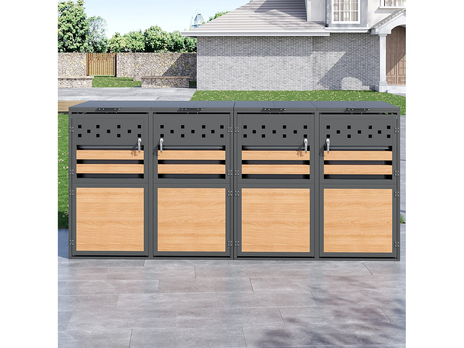 Opbergkast voor 4 tuinvuilnisbakken - 2 x 132 x 80 x 120 cm - met scharnierend deksel + vergrendelbaar + 4 deuren - metaal - grijs + natuur