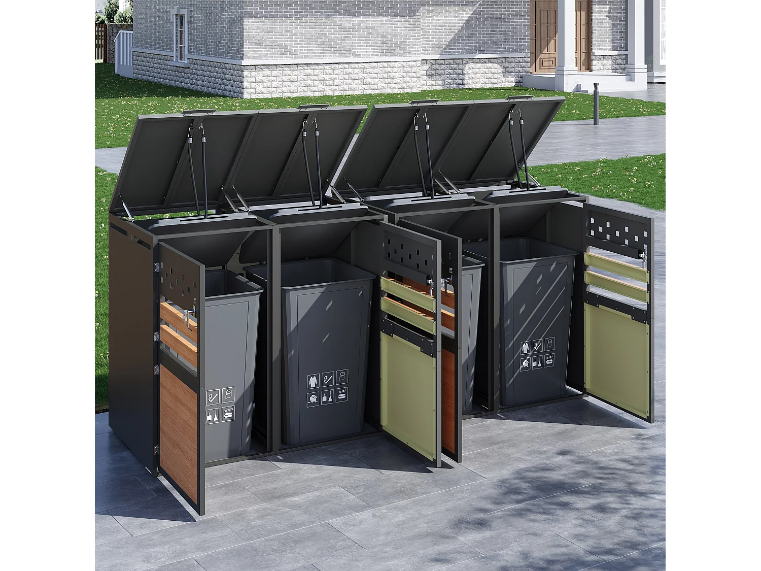 Opbergkast voor 4 tuinvuilnisbakken - 2 x 132 x 80 x 120 cm - met scharnierend deksel + vergrendelbaar + 4 deuren - metaal - grijs + natuur