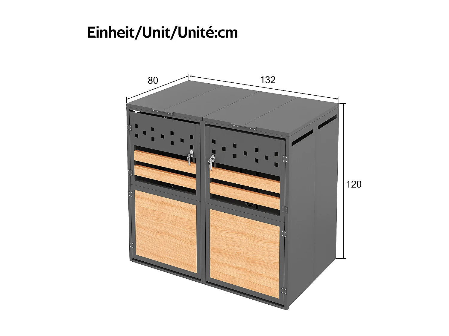 Opbergkast voor 4 tuinvuilnisbakken - 2 x 132 x 80 x 120 cm - met scharnierend deksel + vergrendelbaar + 4 deuren - metaal - grijs + natuur