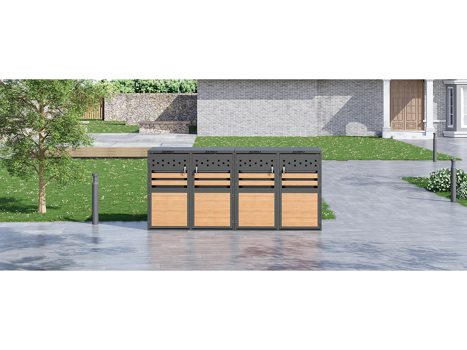 Opbergkast voor 4 tuinvuilnisbakken - 2 x 132 x 80 x 120 cm - met scharnierend deksel + vergrendelbaar + 4 deuren - metaal - grijs + natuur
