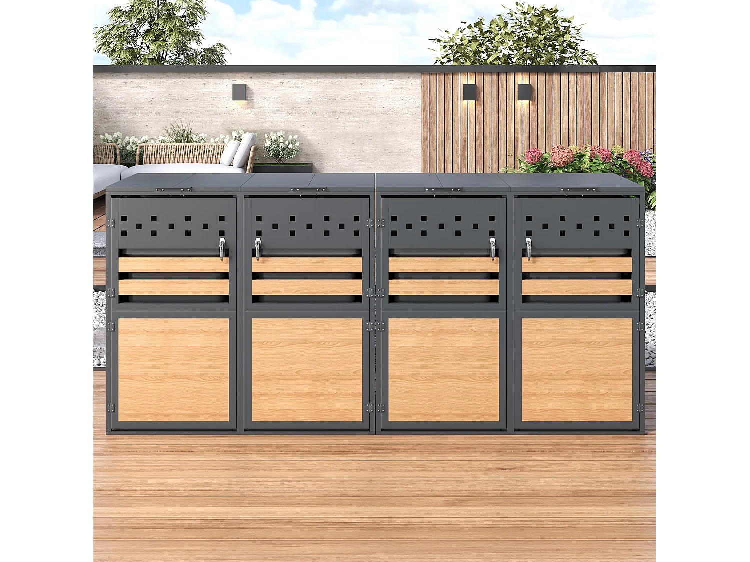 Opbergkast voor 4 tuinvuilnisbakken - 2 x 132 x 80 x 120 cm - met scharnierend deksel + vergrendelbaar + 4 deuren - metaal - grijs + natuur