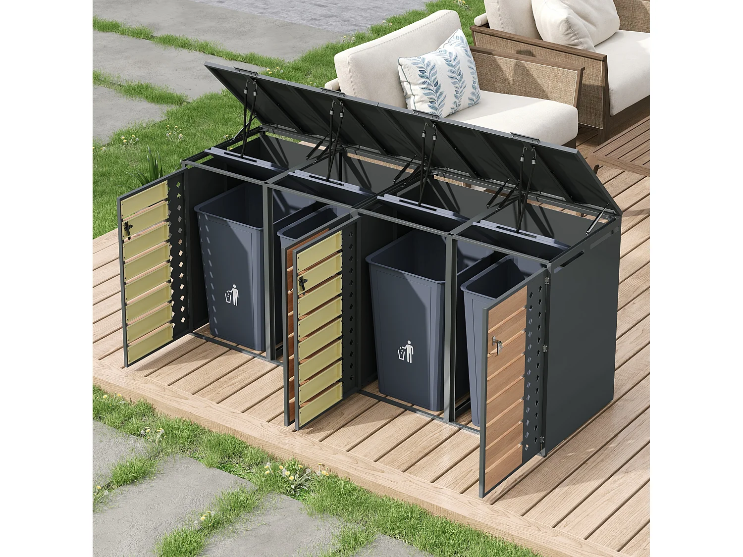 Opbergkast voor 4 tuinvuilnisbakken - 2 x 132 x 80 x 118,5 cm - met scharnierend deksel + vergrendelbaar + 4 deuren - metaal - grijs + natuur