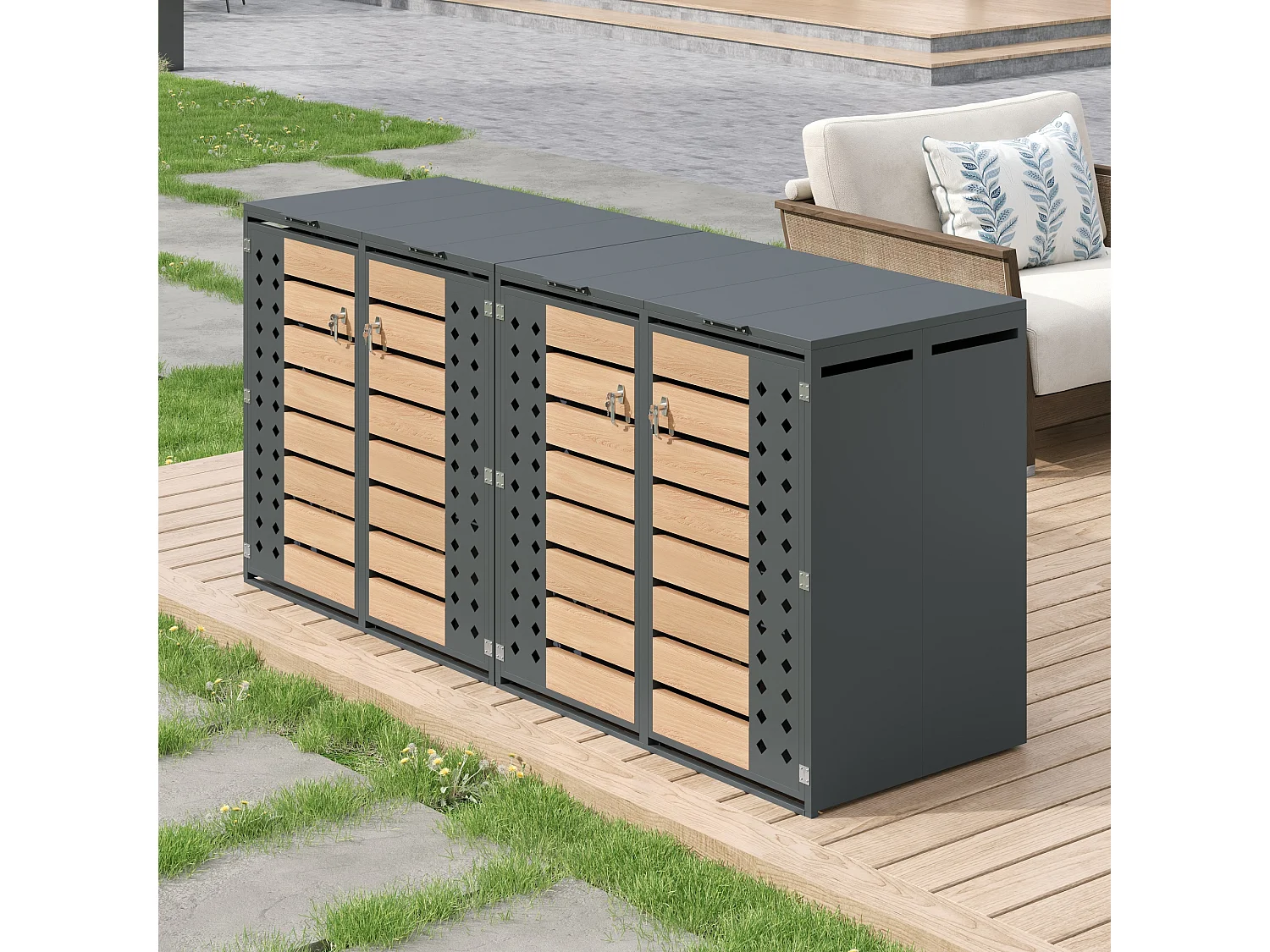 Opbergkast voor 4 tuinvuilnisbakken - 2 x 132 x 80 x 118,5 cm - met scharnierend deksel + vergrendelbaar + 4 deuren - metaal - grijs + natuur