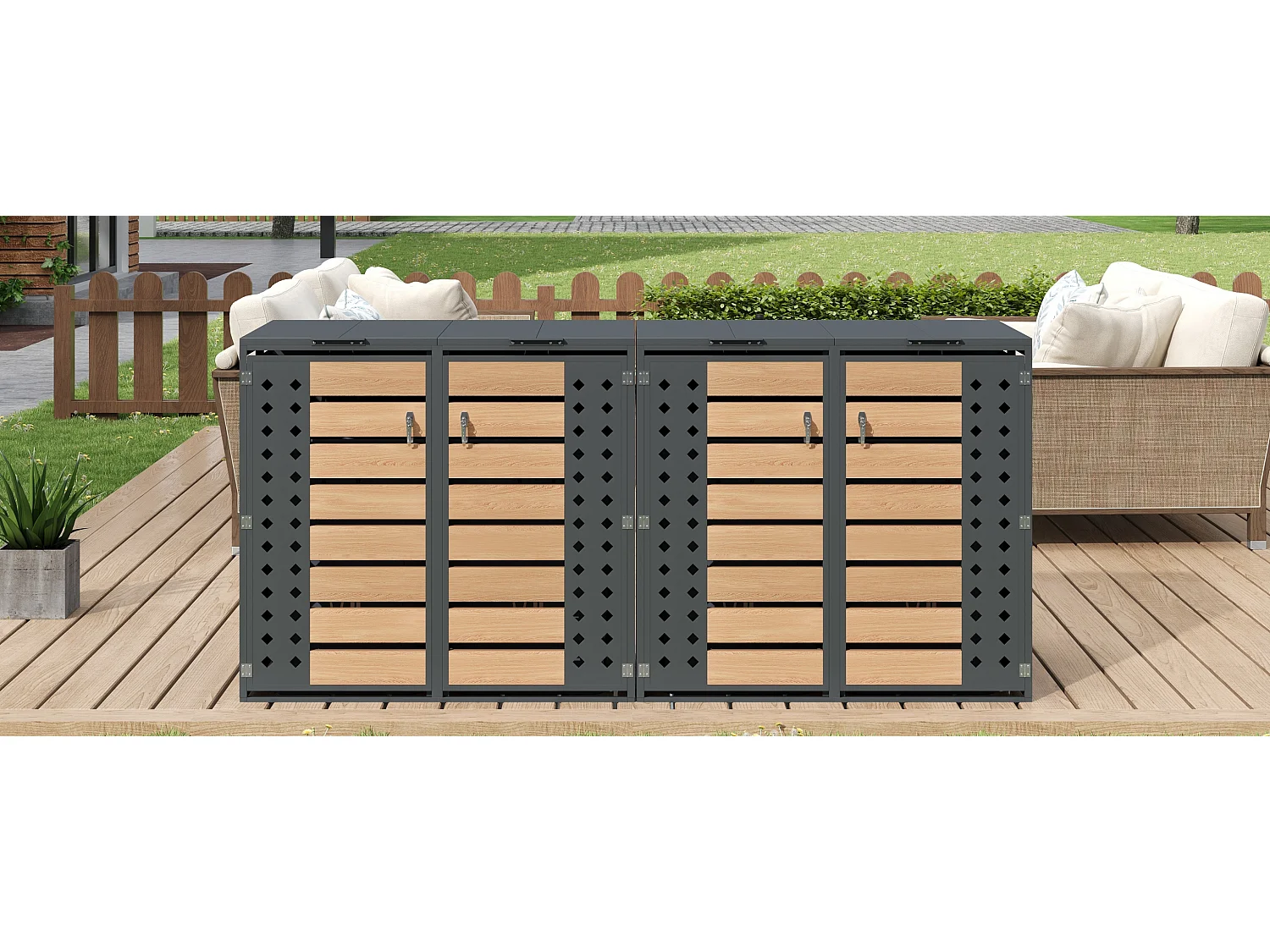 Opbergkast voor 4 tuinvuilnisbakken - 2 x 132 x 80 x 118,5 cm - met scharnierend deksel + vergrendelbaar + 4 deuren - metaal - grijs + natuur