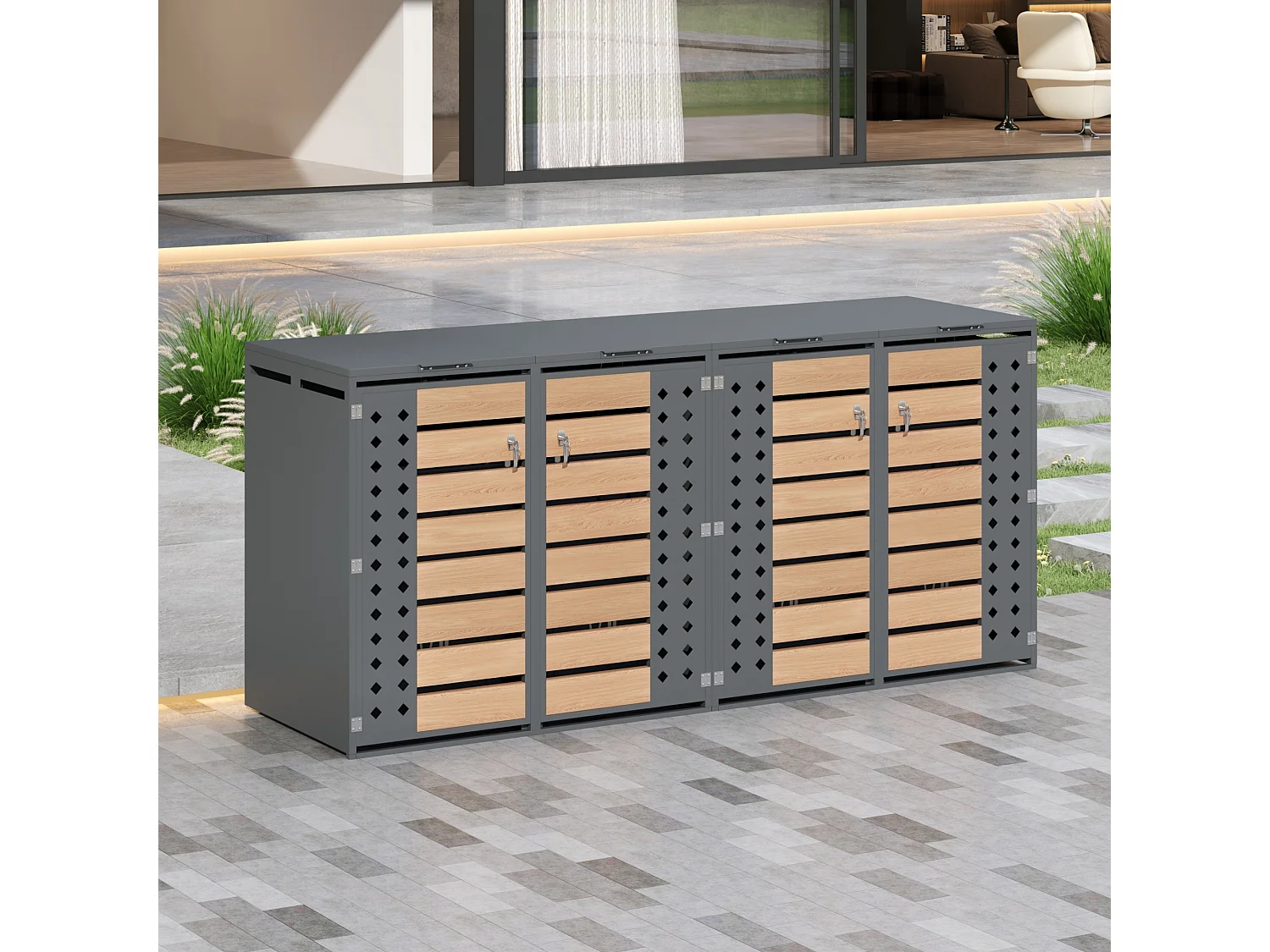Opbergkast voor 4 tuinvuilnisbakken - 2 x 132 x 80 x 118,5 cm - met scharnierend deksel + vergrendelbaar + 4 deuren - metaal - grijs + natuur