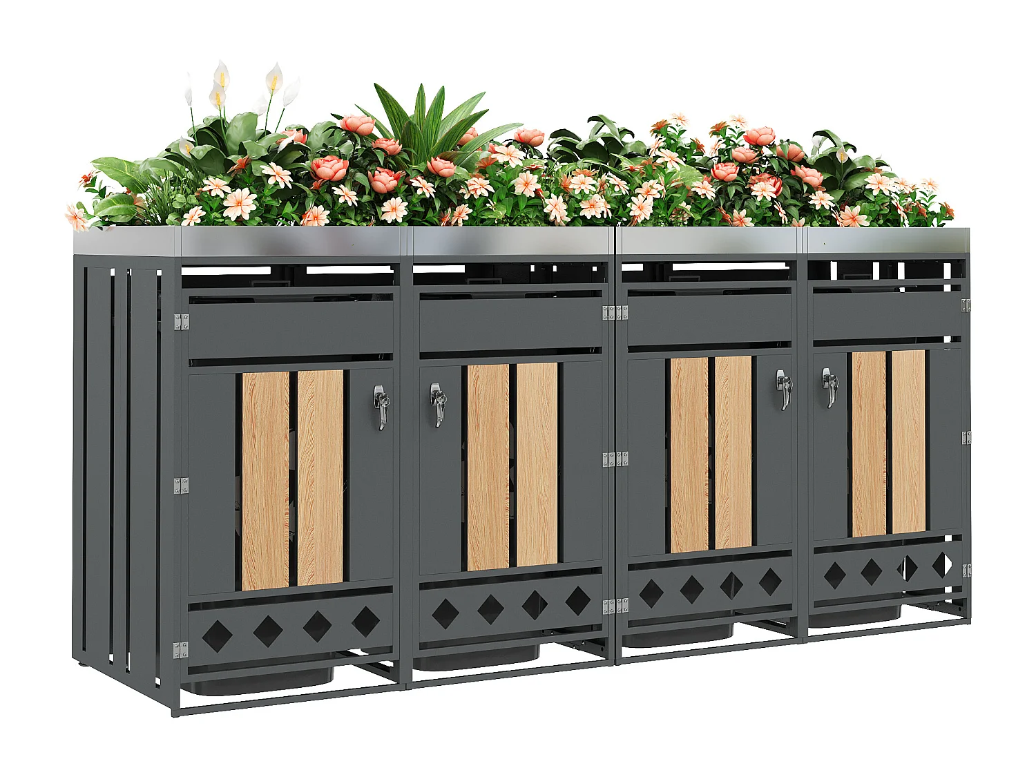 Opbergkast voor 4 tuinvuilnisbakken - 2 x 132 x 80 x 124,5 cm - met vergrendelbaar + 4 deuren + beplanting - metaal - grijs + natuur