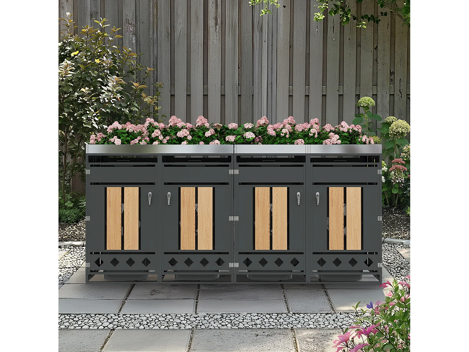 Opbergkast voor 4 tuinvuilnisbakken - 2 x 132 x 80 x 124,5 cm - met vergrendelbaar + 4 deuren + beplanting - metaal - grijs + natuur