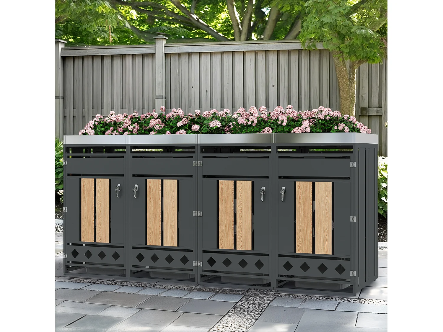 Opbergkast voor 4 tuinvuilnisbakken - 2 x 132 x 80 x 124,5 cm - met vergrendelbaar + 4 deuren + beplanting - metaal - grijs + natuur