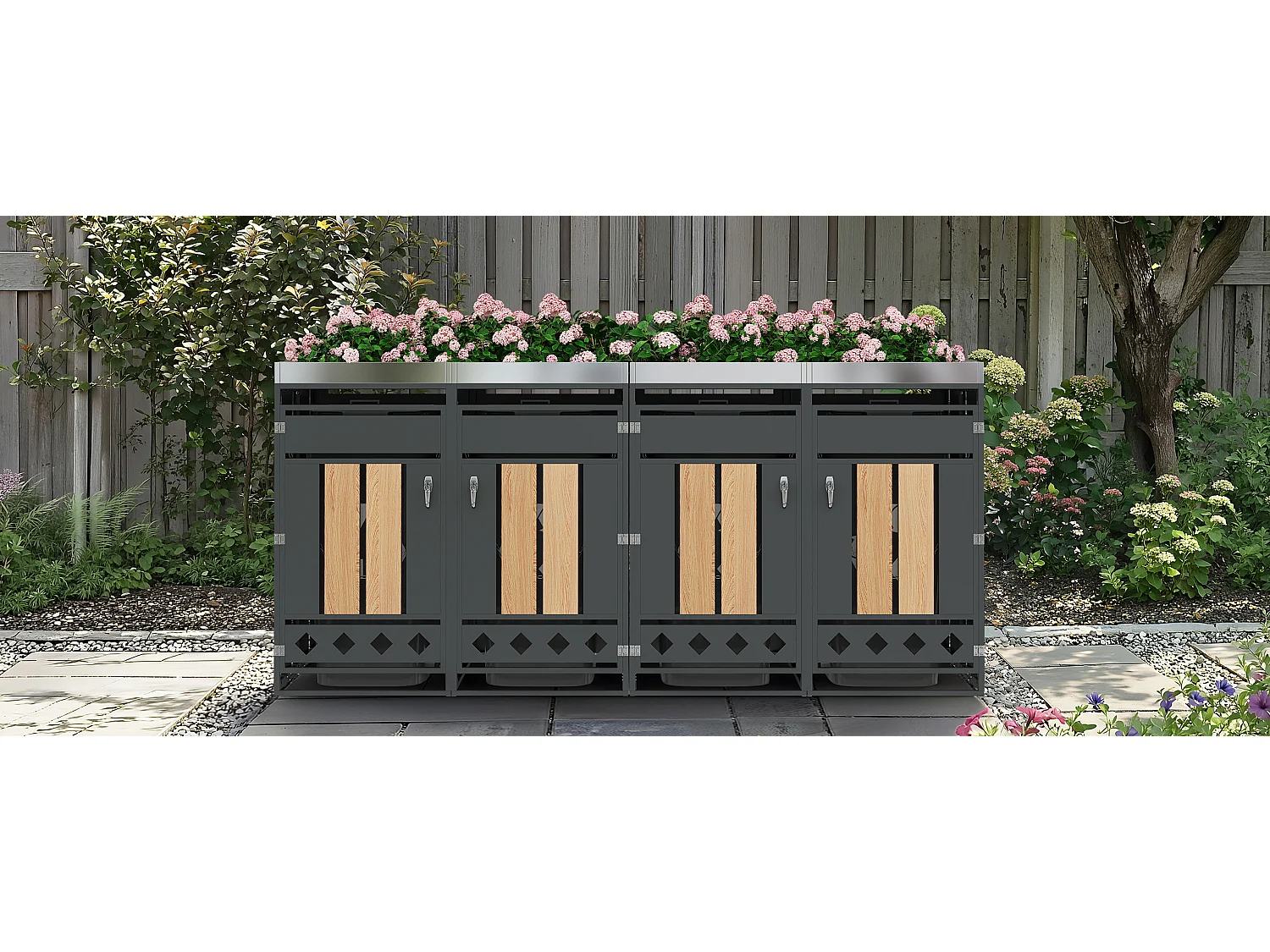 Opbergkast voor 4 tuinvuilnisbakken - 2 x 132 x 80 x 124,5 cm - met vergrendelbaar + 4 deuren + beplanting - metaal - grijs + natuur