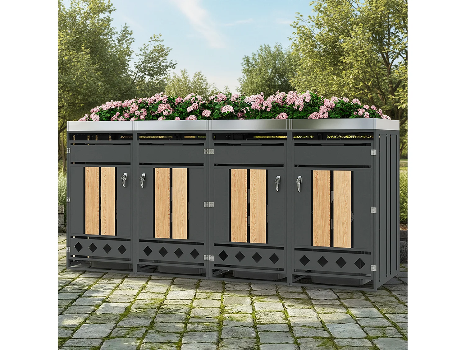 Opbergkast voor 4 tuinvuilnisbakken - 2 x 132 x 80 x 124,5 cm - met vergrendelbaar + 4 deuren + beplanting - metaal - grijs + natuur