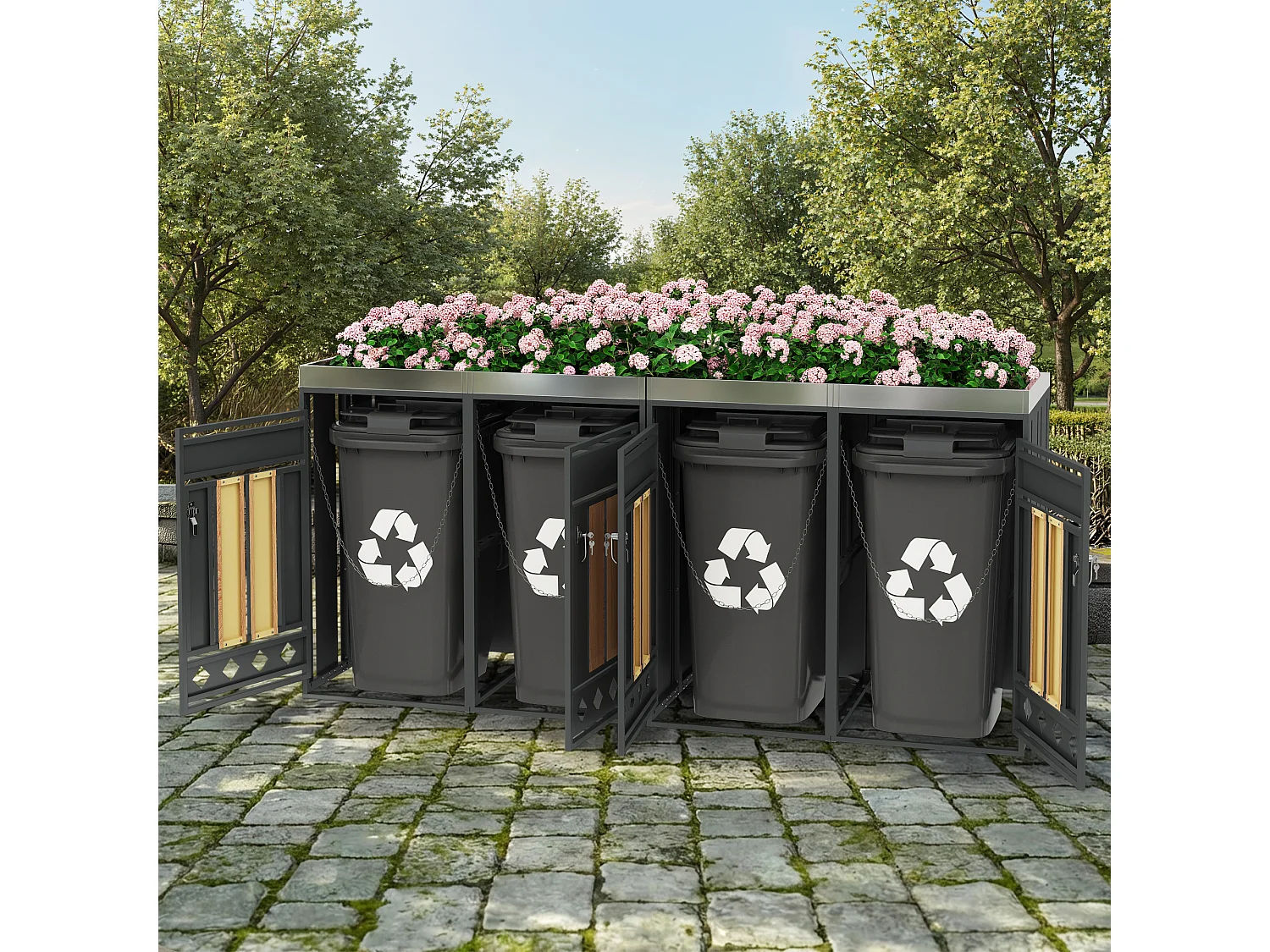 Opbergkast voor 4 tuinvuilnisbakken - 2 x 132 x 80 x 124,5 cm - met vergrendelbaar + 4 deuren + beplanting - metaal - grijs + natuur