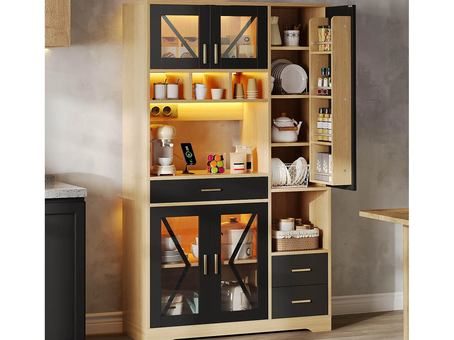 Buffet de cuisine style grange 105x40x185cm - avec éclairage LED et prise - avec 5 portes et 3 tiroirs - Naturel + Noir