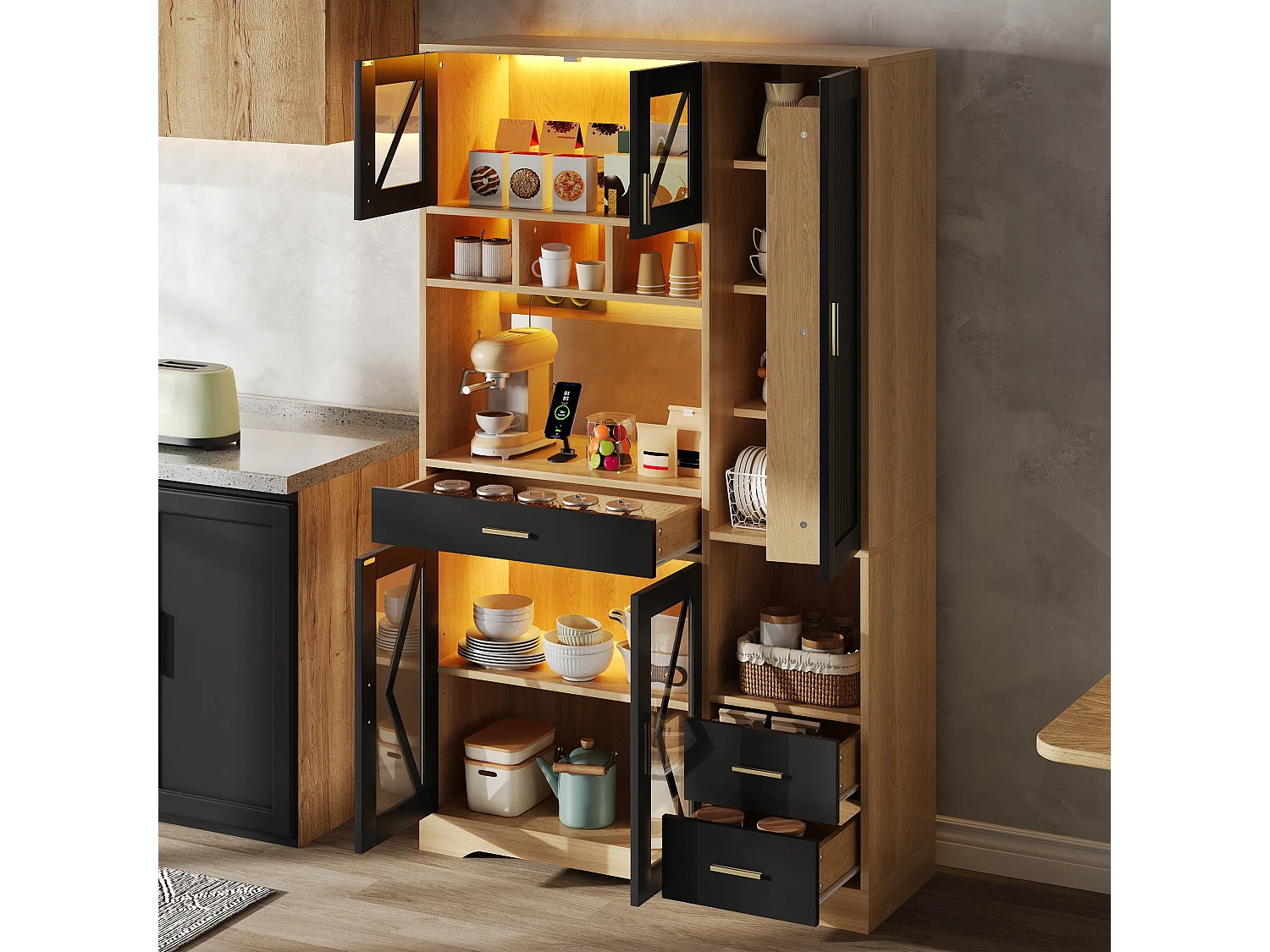 Buffet de cuisine style grange 105x40x185cm - avec éclairage LED et prise - avec 5 portes et 3 tiroirs - Naturel + Noir