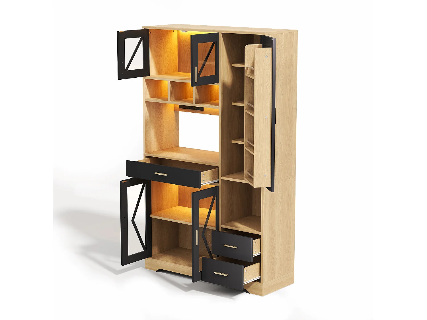 Buffet de cuisine style grange 105x40x185cm - avec éclairage LED et prise - avec 5 portes et 3 tiroirs - Naturel + Noir