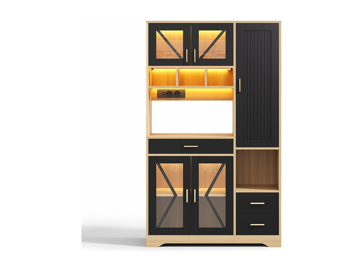 Buffet de cuisine style grange 105x40x185cm - avec éclairage LED et prise - avec 5 portes et 3 tiroirs - Naturel + Noir