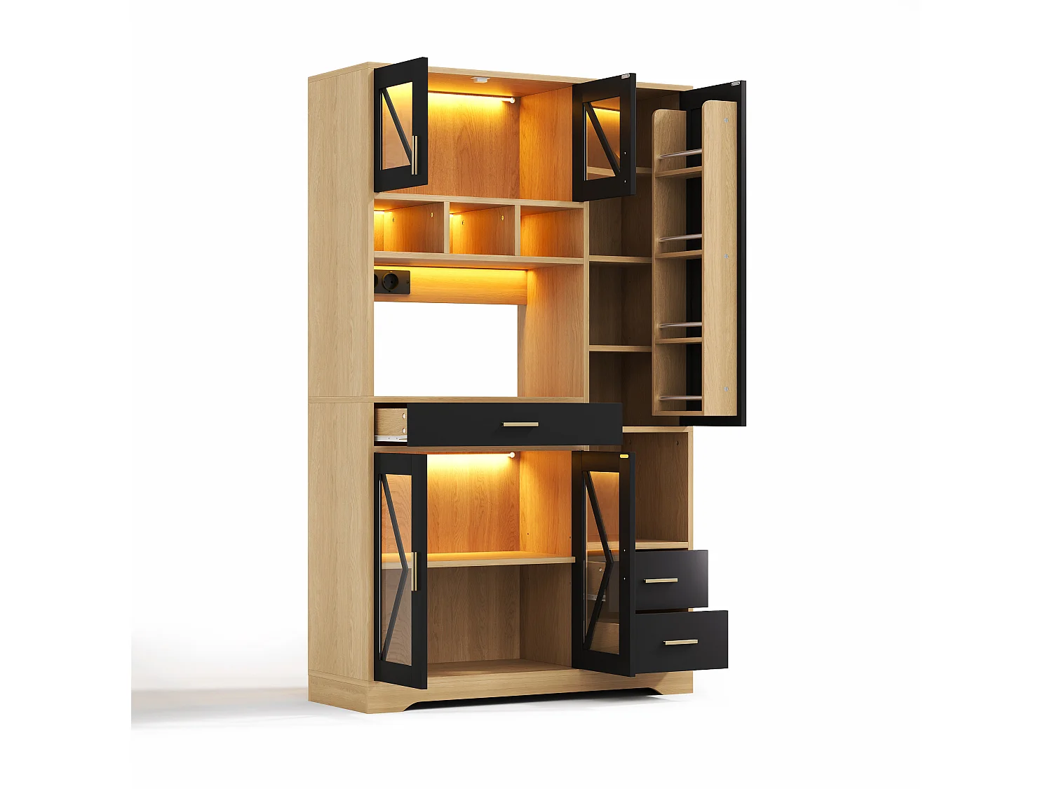 Buffet de cuisine style grange 105x40x185cm - avec éclairage LED et prise - avec 5 portes et 3 tiroirs - Naturel + Noir