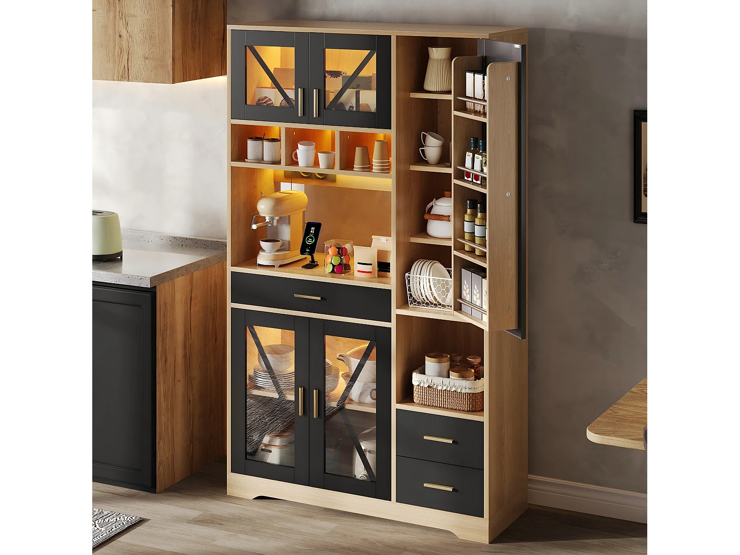 Buffet de cuisine style grange 105x40x185cm - avec éclairage LED et prise - avec 5 portes et 3 tiroirs - Naturel + Noir