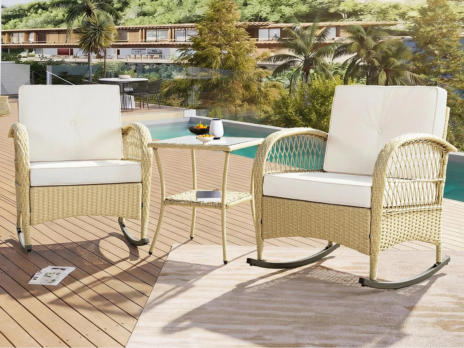 Tuinsalon in rotan - 2 schommelstoelen - 1 bartafel - voor 2 personen - acaciahouten blad met beige kussens