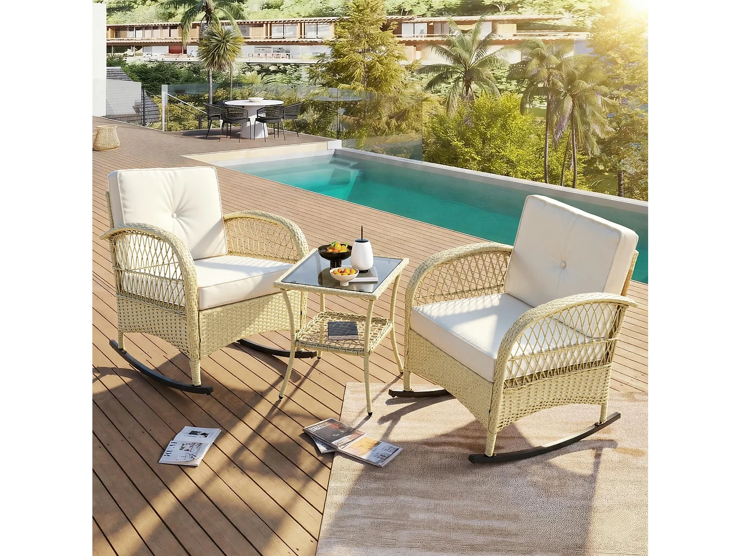 Tuinsalon in rotan - 2 schommelstoelen - 1 bartafel - voor 2 personen - acaciahouten blad met beige kussens