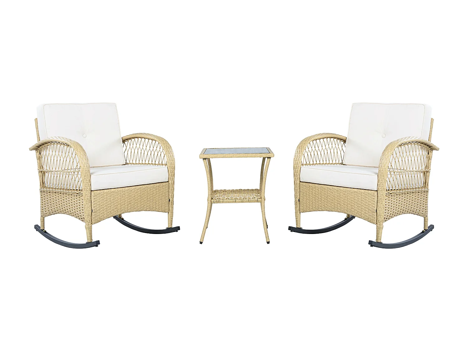 Tuinsalon in rotan - 2 schommelstoelen - 1 bartafel - voor 2 personen - acaciahouten blad met beige kussens