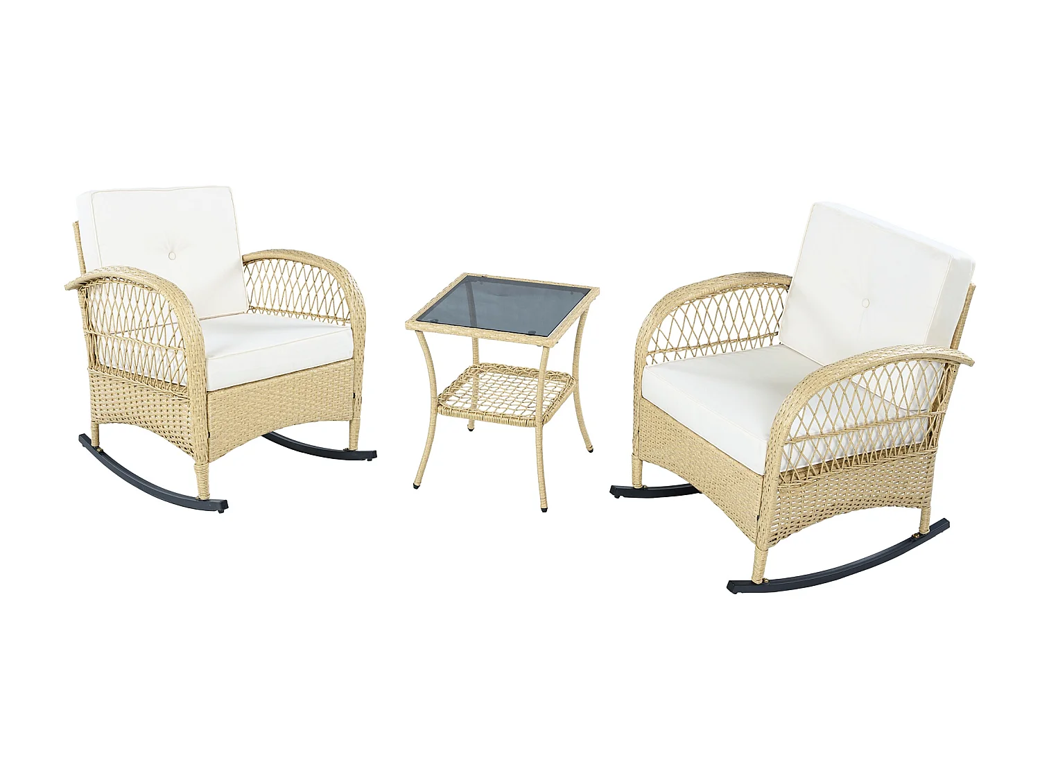 Tuinsalon in rotan - 2 schommelstoelen - 1 bartafel - voor 2 personen - acaciahouten blad met beige kussens