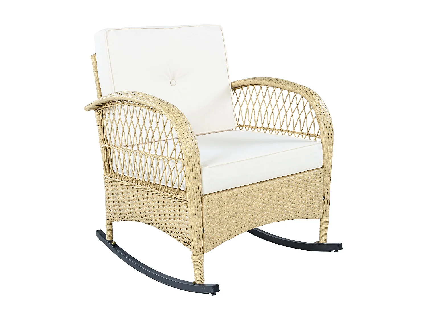 Tuinsalon in rotan - 2 schommelstoelen - 1 bartafel - voor 2 personen - acaciahouten blad met beige kussens