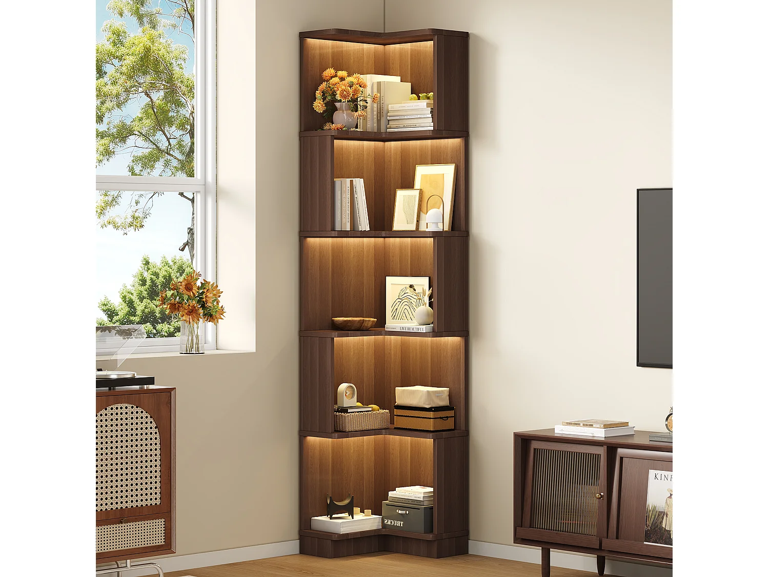 Eckregal 63,5x45x175 cm - L-Form - LED-Beleuchtung - 5 Ebenen Stauraum - MDF - Braun