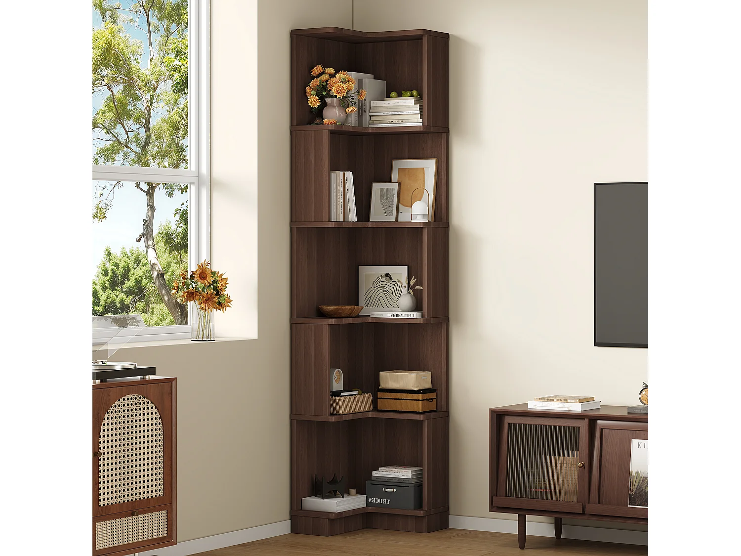 Eckregal 63,5x45x175 cm - L-Form - LED-Beleuchtung - 5 Ebenen Stauraum - MDF - Braun