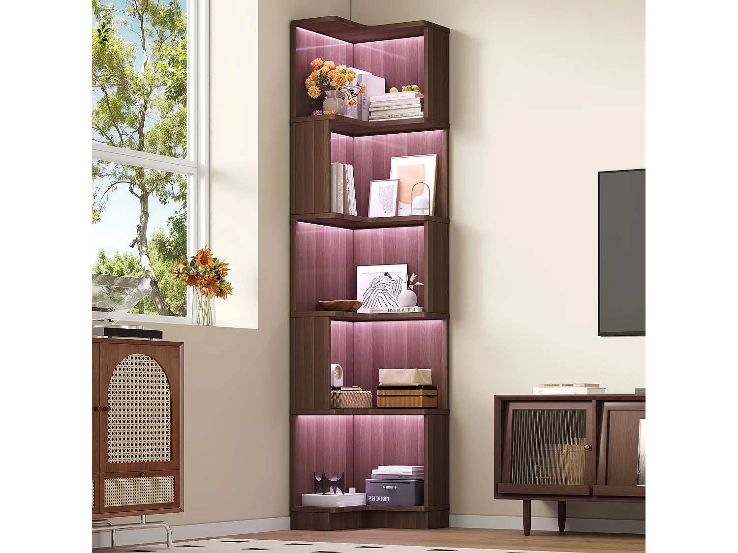 Eckregal 63,5x45x175 cm - L-Form - LED-Beleuchtung - 5 Ebenen Stauraum - MDF - Braun