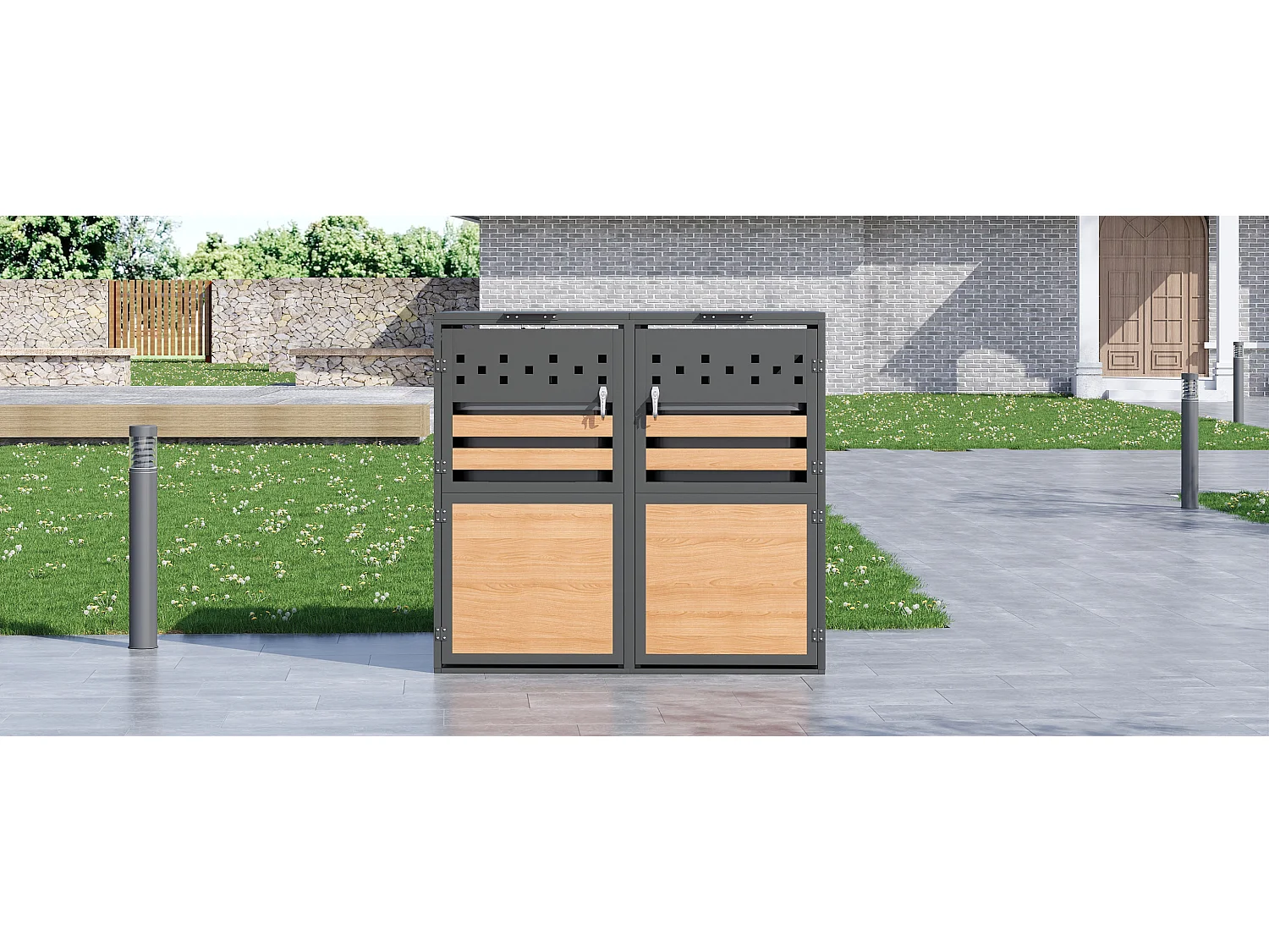 Opbergkast voor 2 tuinvuilnisbakken - 132 x 80 x 120 cm - met scharnierend deksel + vergrendelbaar + 2 deuren - metaal - grijs + natuur