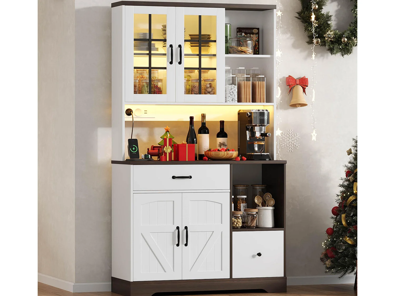 Buffet de cuisine moderne 105x40x180cm - avec éclairage LED et prise - avec étagère réglable - tiroirs et compartiment de rangement - Blanc