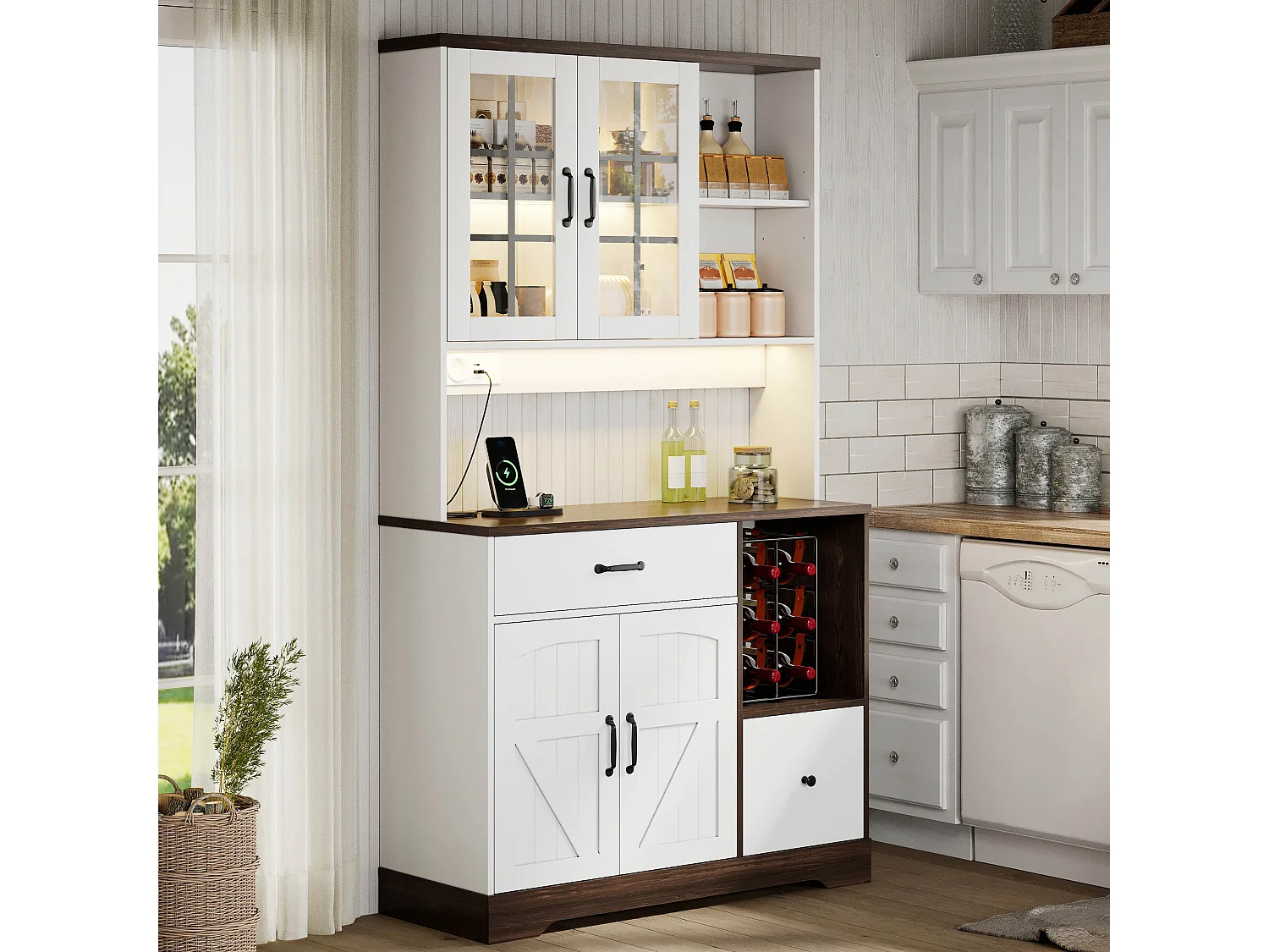 Buffet de cuisine moderne 105x40x180cm - avec éclairage LED et prise - avec étagère réglable - tiroirs et compartiment de rangement - Blanc