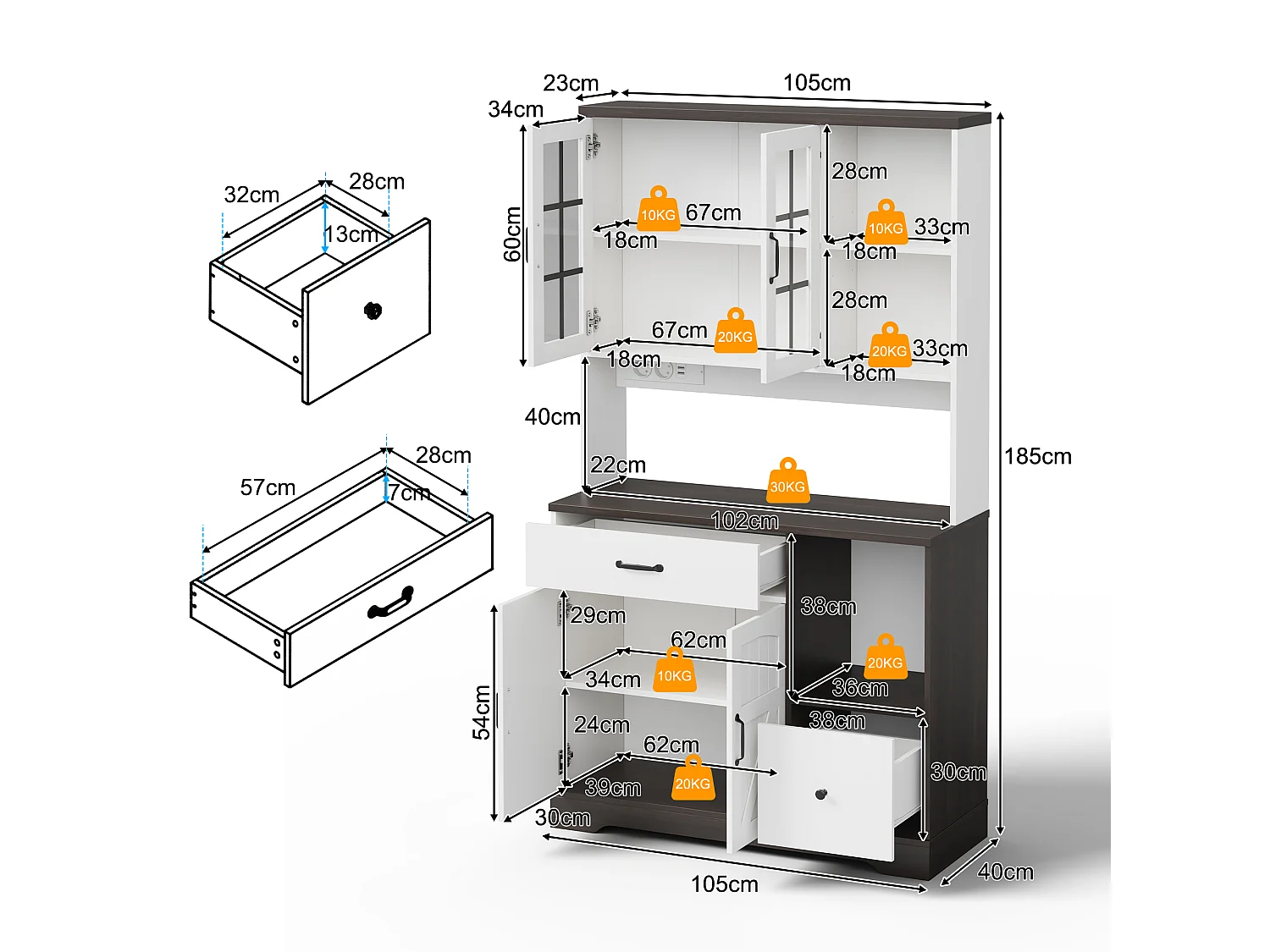 Buffet de cuisine moderne 105x40x180cm - avec éclairage LED et prise - avec étagère réglable - tiroirs et compartiment de rangement - Blanc