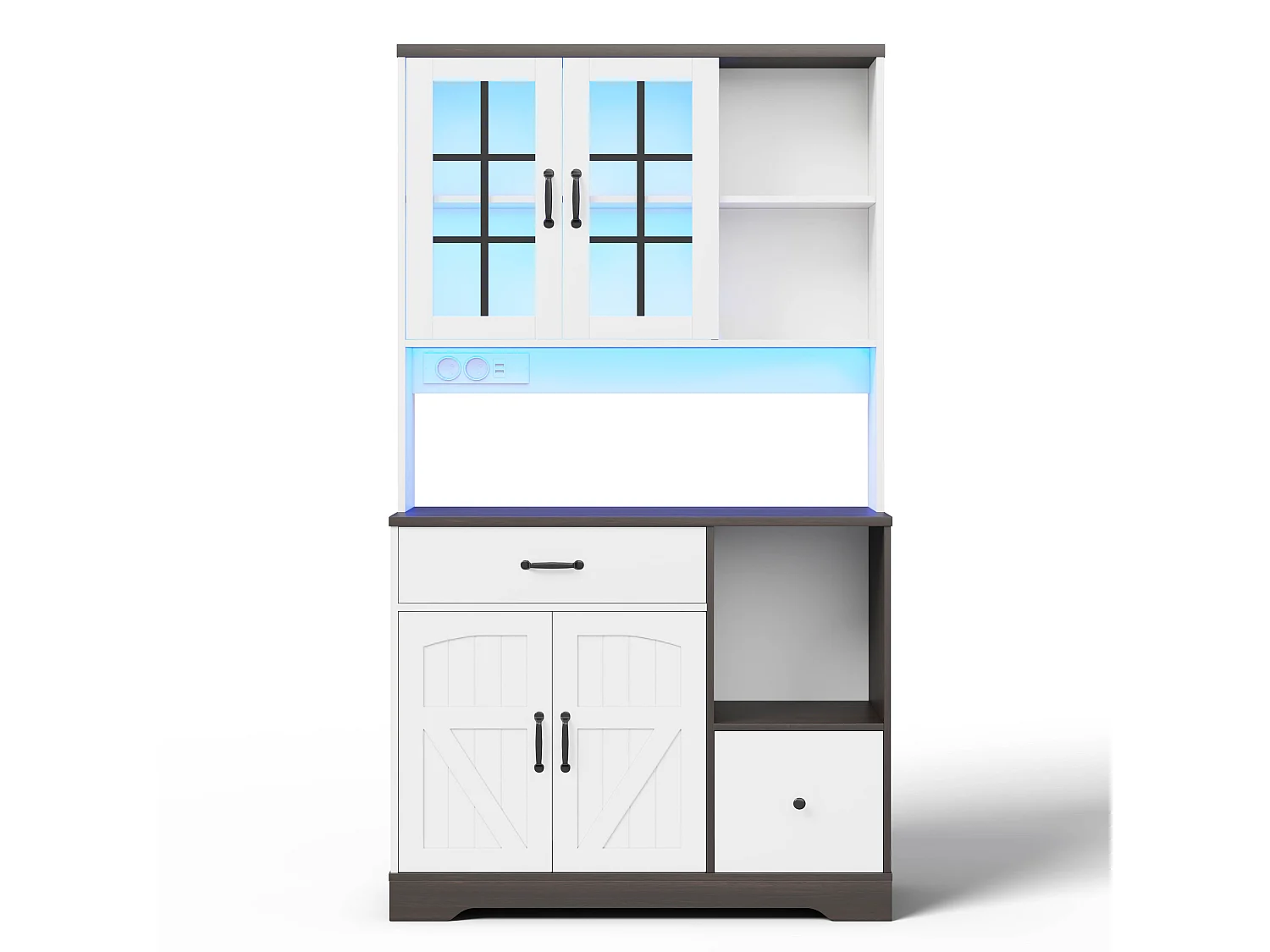 Buffet de cuisine moderne 105x40x180cm - avec éclairage LED et prise - avec étagère réglable - tiroirs et compartiment de rangement - Blanc