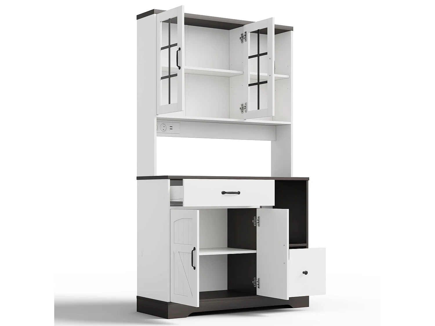 Buffet de cuisine moderne 105x40x180cm - avec éclairage LED et prise - avec étagère réglable - tiroirs et compartiment de rangement - Blanc