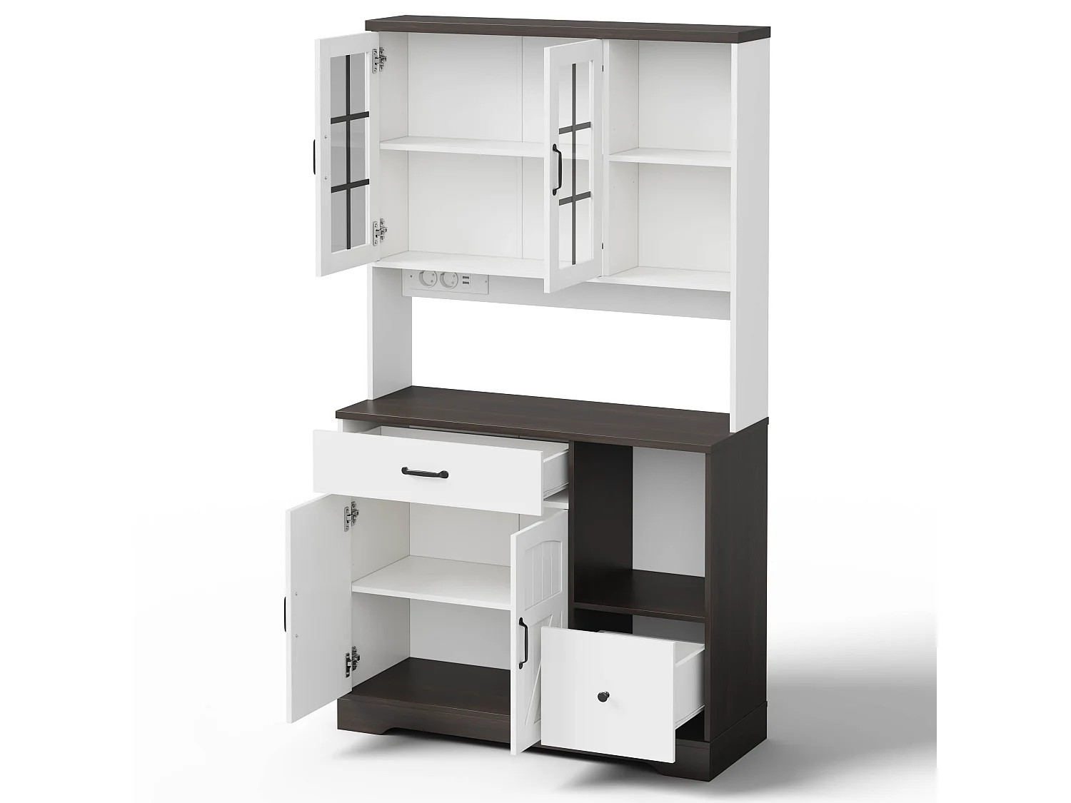 Buffet de cuisine moderne 105x40x180cm - avec éclairage LED et prise - avec étagère réglable - tiroirs et compartiment de rangement - Blanc