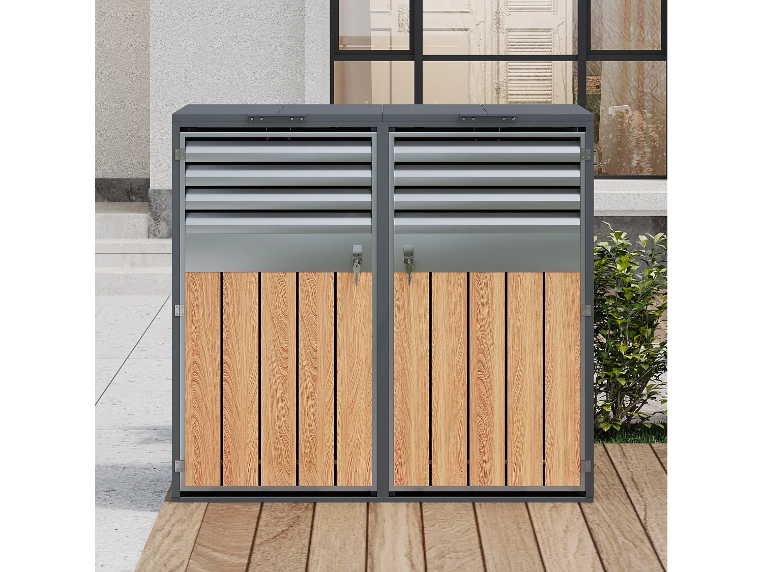 Opbergkast voor 2 tuinvuilnisbakken - 132 x 80 x 118,5 cm - met scharnierend deksel + vergrendelbaar + 2 deuren - metaal - grijs + natuur