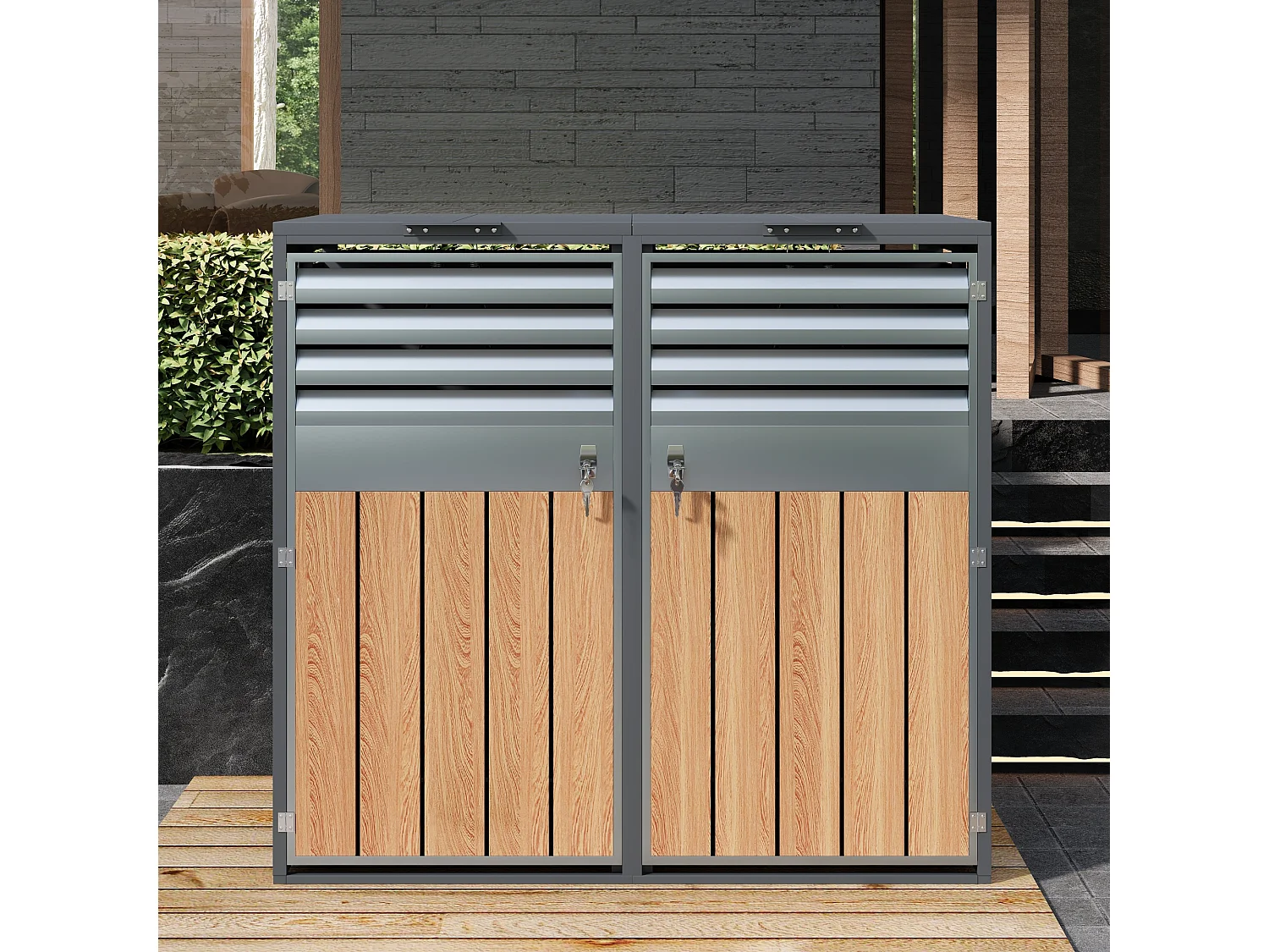 Opbergkast voor 2 tuinvuilnisbakken - 132 x 80 x 118,5 cm - met scharnierend deksel + vergrendelbaar + 2 deuren - metaal - grijs + natuur