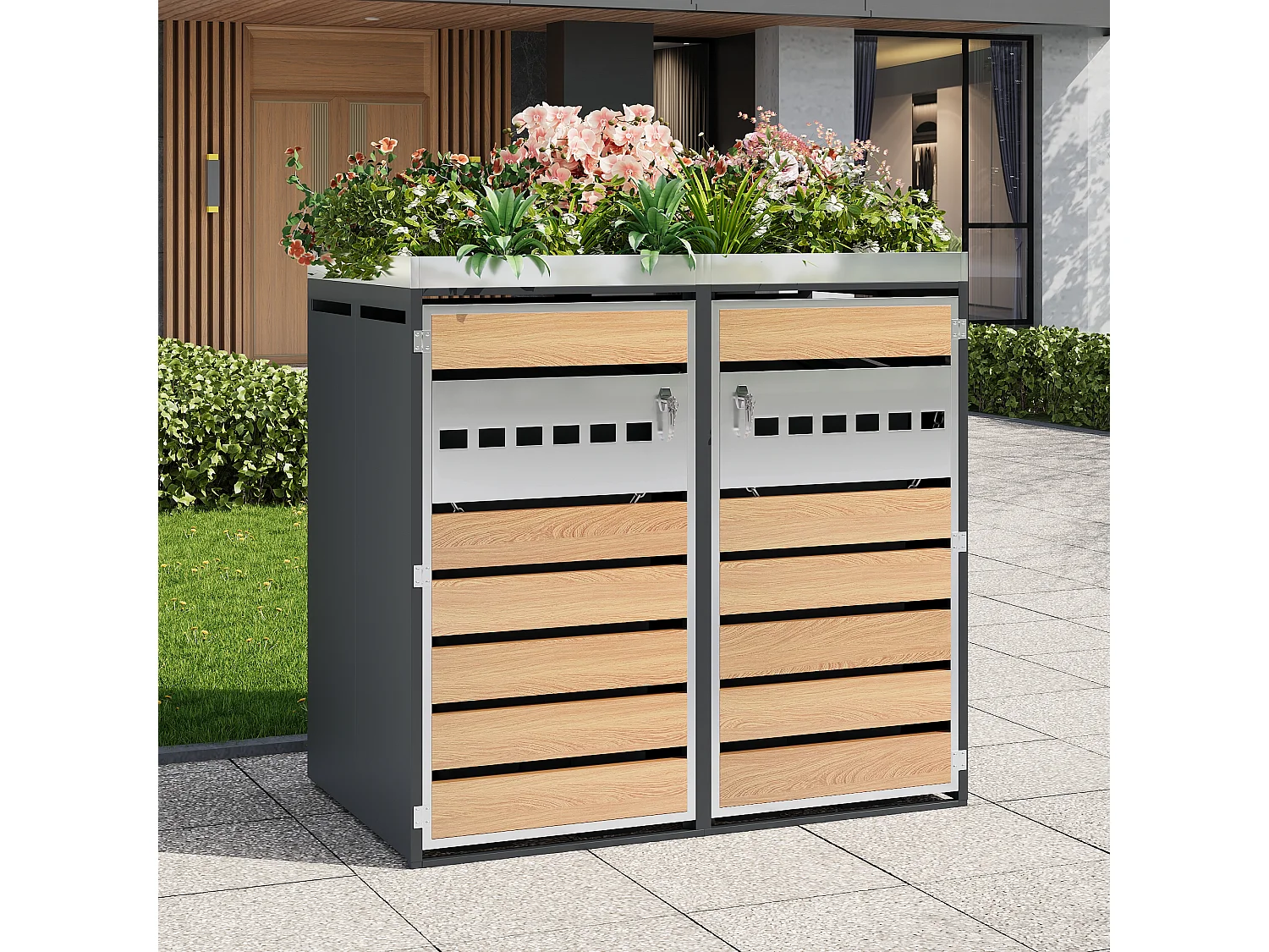 Opbergkast voor 2 tuinvuilnisbakken - 132 x 80 x 124,5 cm - met 2 deuren + beplanting + vergrendelbaar - metaal - grijs + natuur