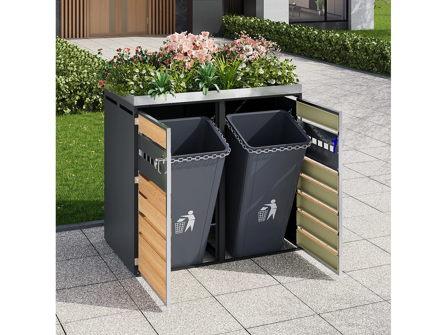 Opbergkast voor 2 tuinvuilnisbakken - 132 x 80 x 124,5 cm - met 2 deuren + beplanting + vergrendelbaar - metaal - grijs + natuur