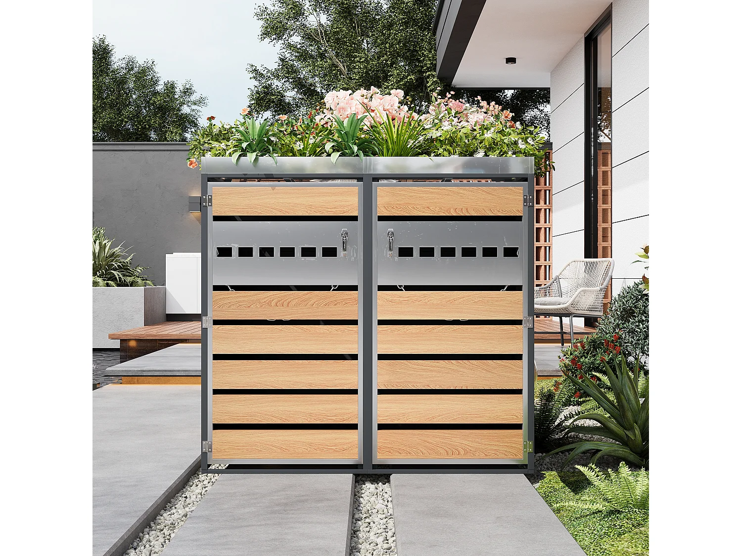 Opbergkast voor 2 tuinvuilnisbakken - 132 x 80 x 124,5 cm - met 2 deuren + beplanting + vergrendelbaar - metaal - grijs + natuur