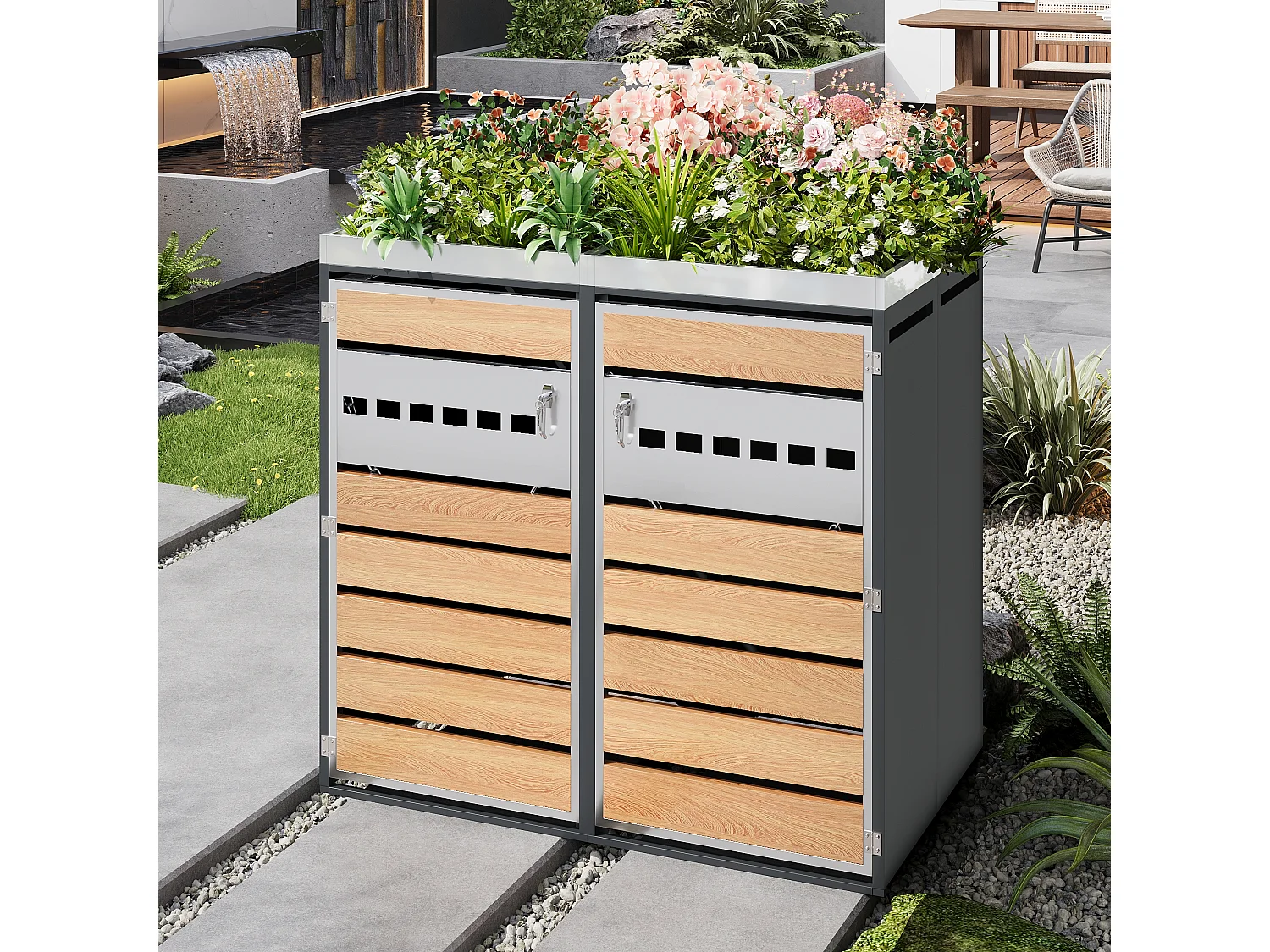 Opbergkast voor 2 tuinvuilnisbakken - 132 x 80 x 124,5 cm - met 2 deuren + beplanting + vergrendelbaar - metaal - grijs + natuur