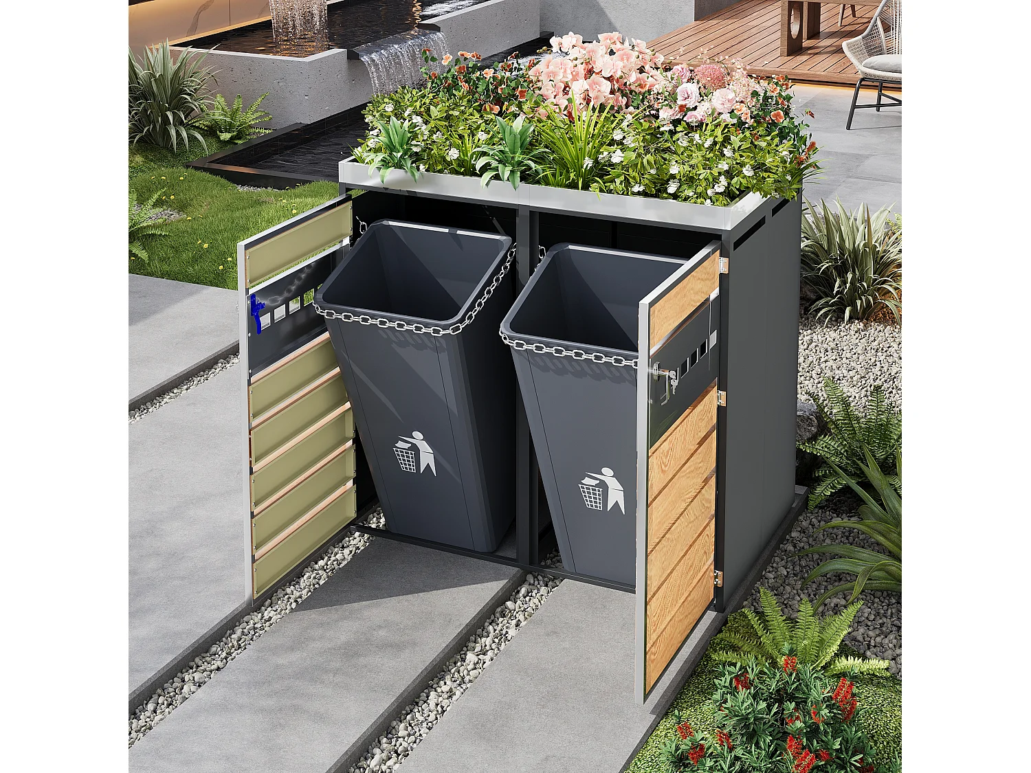 Opbergkast voor 2 tuinvuilnisbakken - 132 x 80 x 124,5 cm - met 2 deuren + beplanting + vergrendelbaar - metaal - grijs + natuur