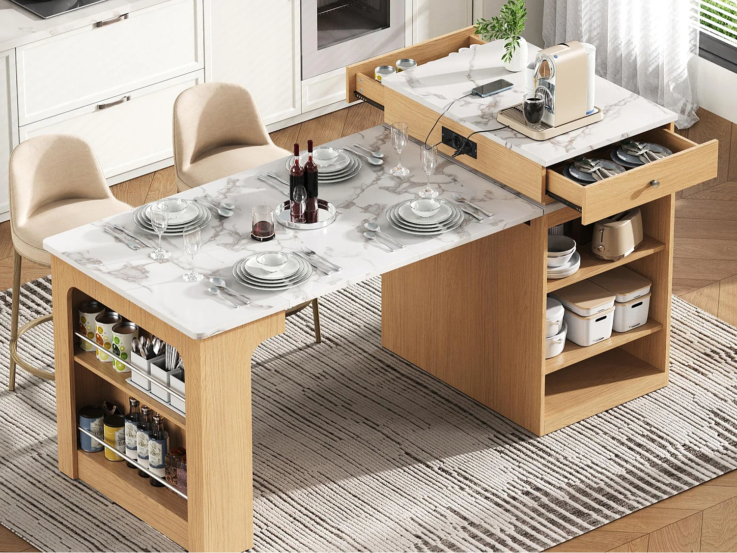 Zentrale Kücheninsel - mit Steckdose - mit abnehmbarem und ausziehbaren Esstisch - Holzmaserung und Marmorstruktur - natur + weiß