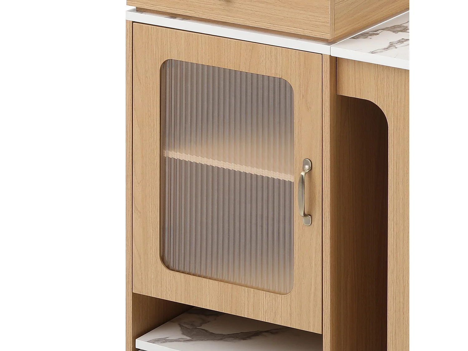 Zentrale Kücheninsel - mit Steckdose - mit abnehmbarem und ausziehbaren Esstisch - Holzmaserung und Marmorstruktur - natur + weiß