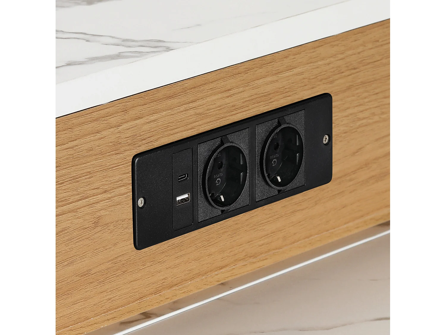 Zentrale Kücheninsel - mit Steckdose - mit abnehmbarem und ausziehbaren Esstisch - Holzmaserung und Marmorstruktur - natur + weiß