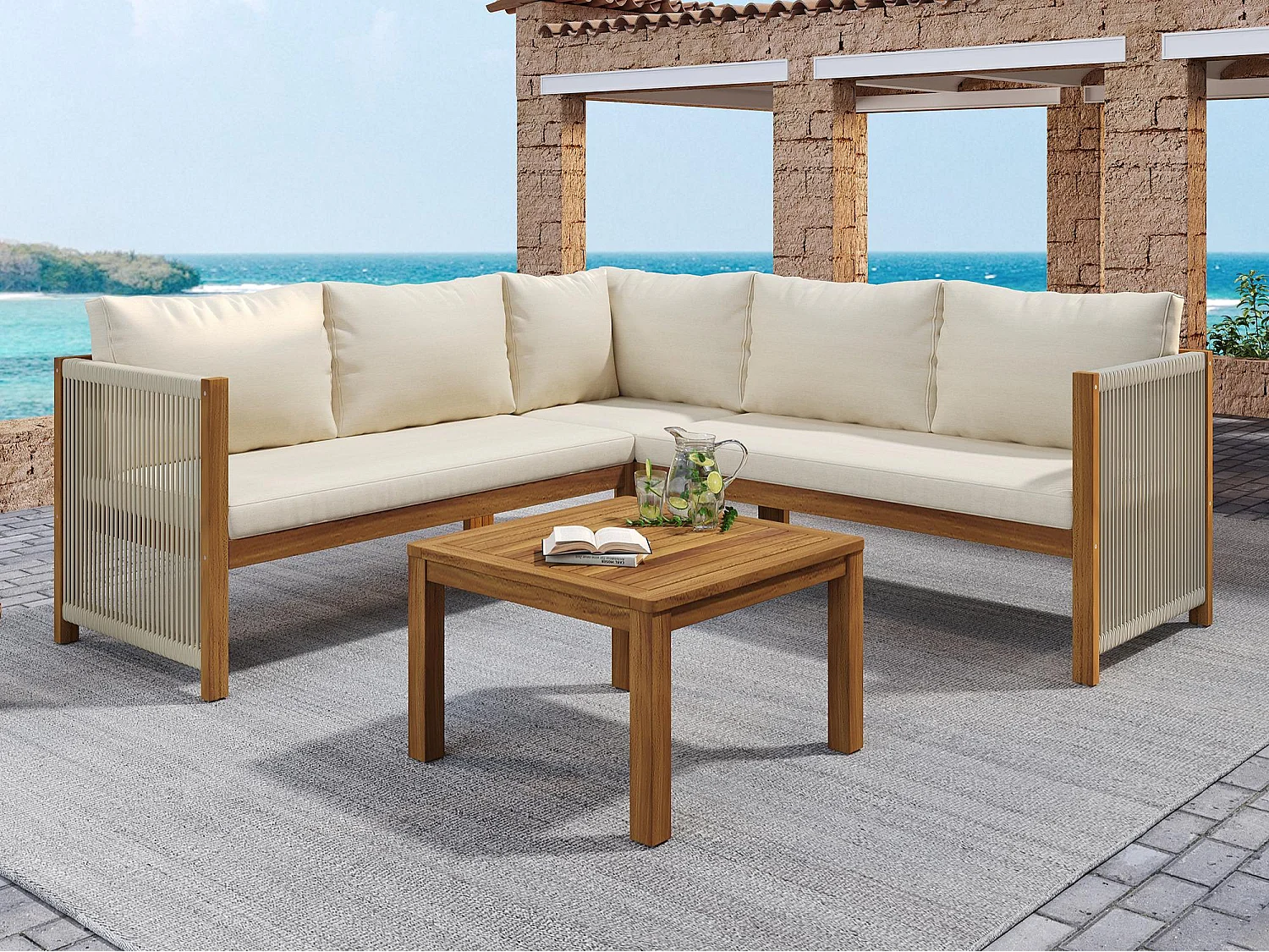 Conjunto de sala de jardim 5 lugares, sofá de canto + mesa de centro, estrutura de acácia, em corda trançada, bege