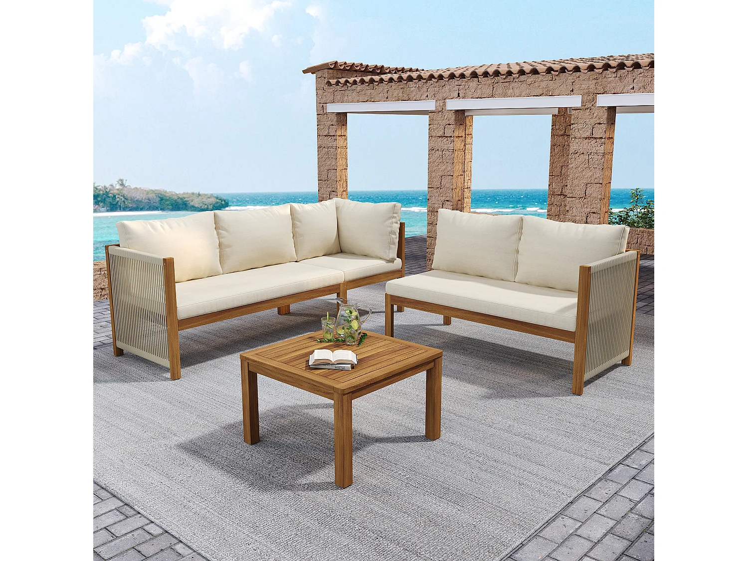 Conjunto de sala de jardim 5 lugares, sofá de canto + mesa de centro, estrutura de acácia, em corda trançada, bege