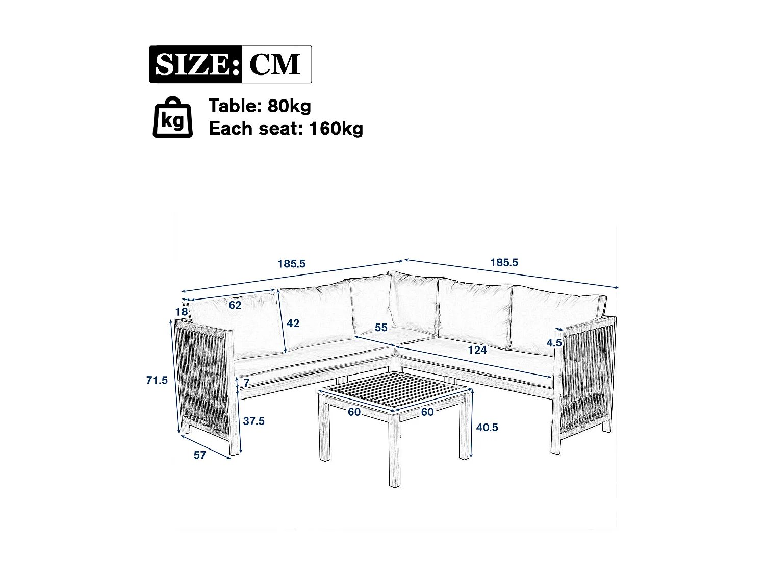 Conjunto de sala de jardim 5 lugares, sofá de canto + mesa de centro, estrutura de acácia, em corda trançada, bege