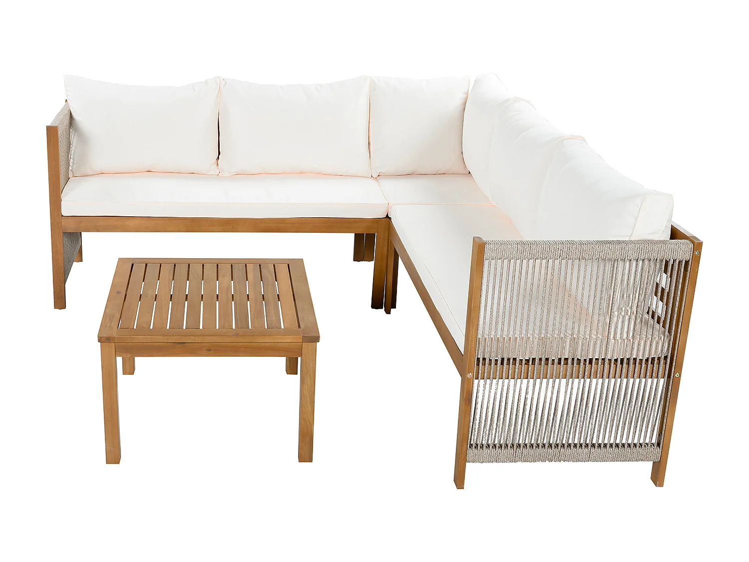 Conjunto de sala de jardim 5 lugares, sofá de canto + mesa de centro, estrutura de acácia, em corda trançada, bege